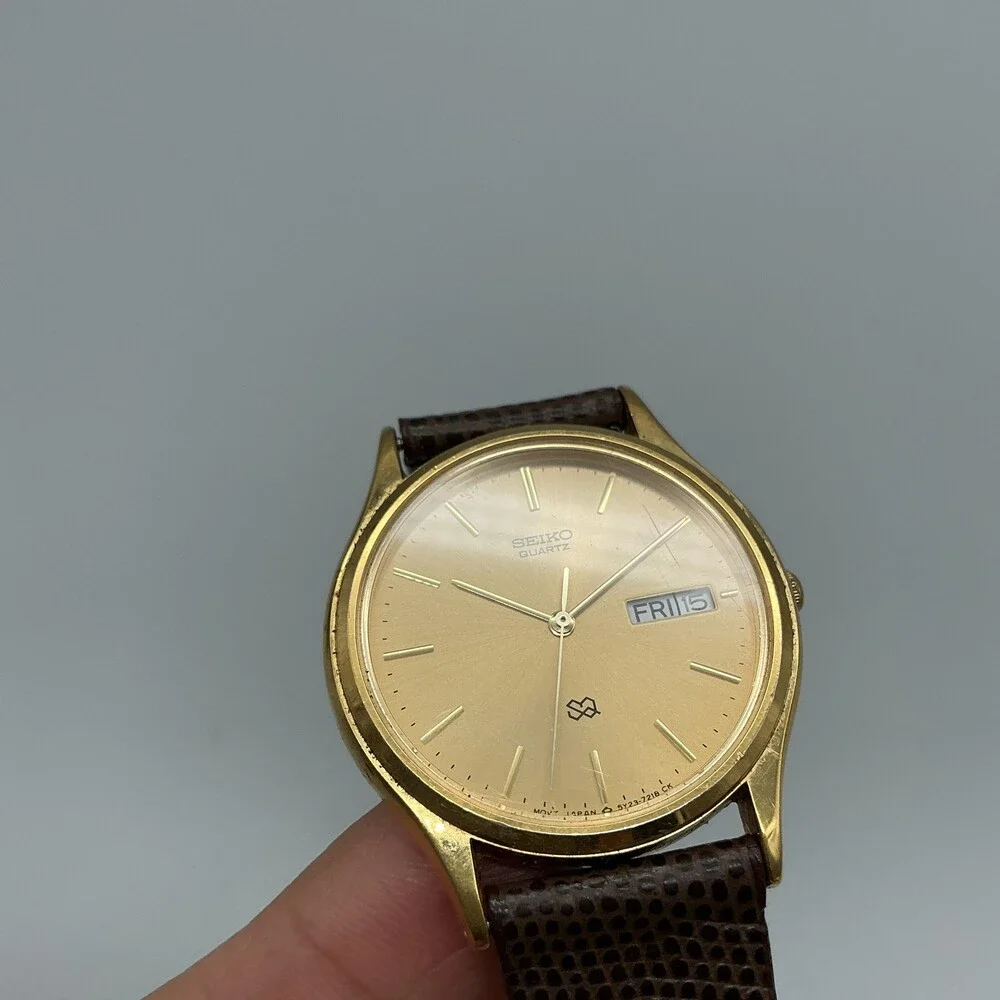 Vintage Seiko Mens Watch 34mm Gold Tone Leather Day Date 5Y23-7079 New Battery